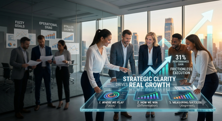A diverse corporate leadership team reviewing a glowing futuristic digital blueprint outlining strategic clarity, focus, differentiation, and alignment in a modern executive office.